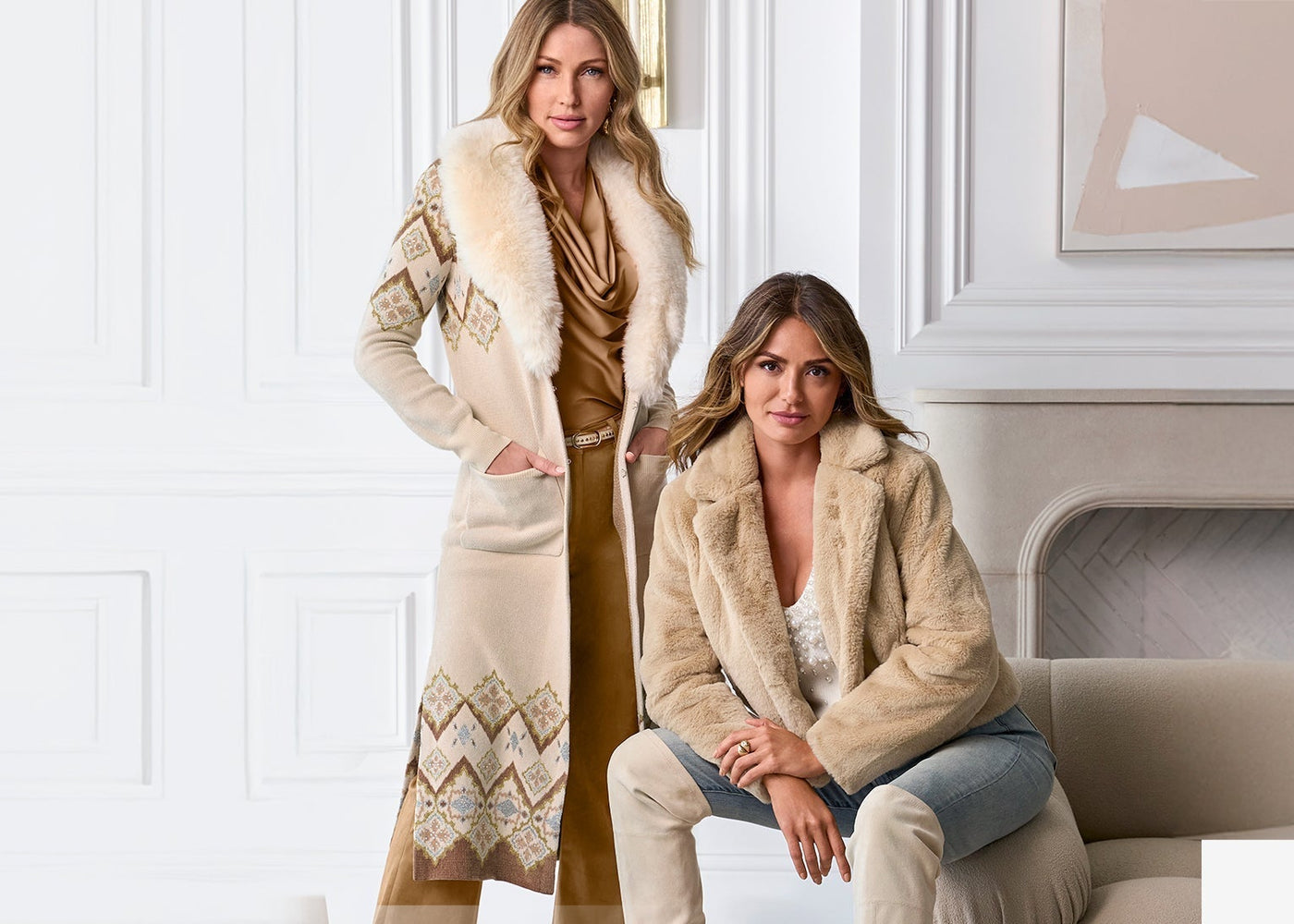 Models wearing cozy winter layers in neutral tones.